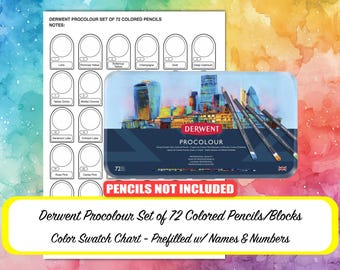 DERWENT PROCOLOUR 72 Colored Pencils Color Chart- Prefilled Swatch