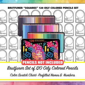 120 lápices de colores BRUTFUNER Squares Oily - Tabla de muestras de color - Precargada con nombres y números - Versiones nuevas y antiguas - PDF imprimible