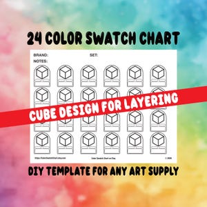 May include: A white DIY template for art supplies with a colourful background. The template features a 24-colour swatch chart with cube designs for layering. Text includes "24 COLOR SWATCH CHART" and "CUBE DESIGN FOR LAYERING".