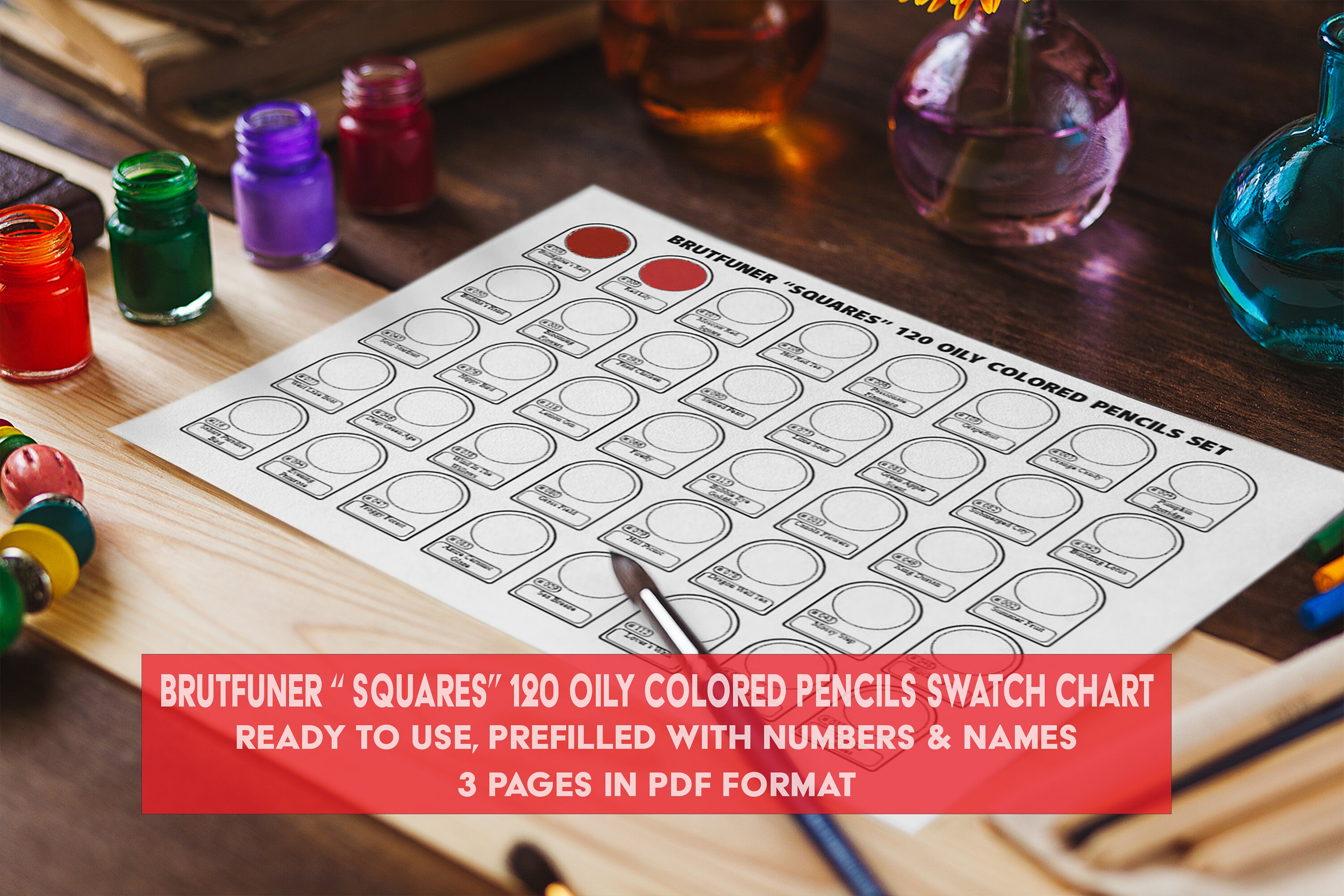 120 BRUTFUNER Squares Oily Colored Pencils- Color Swatch Chart