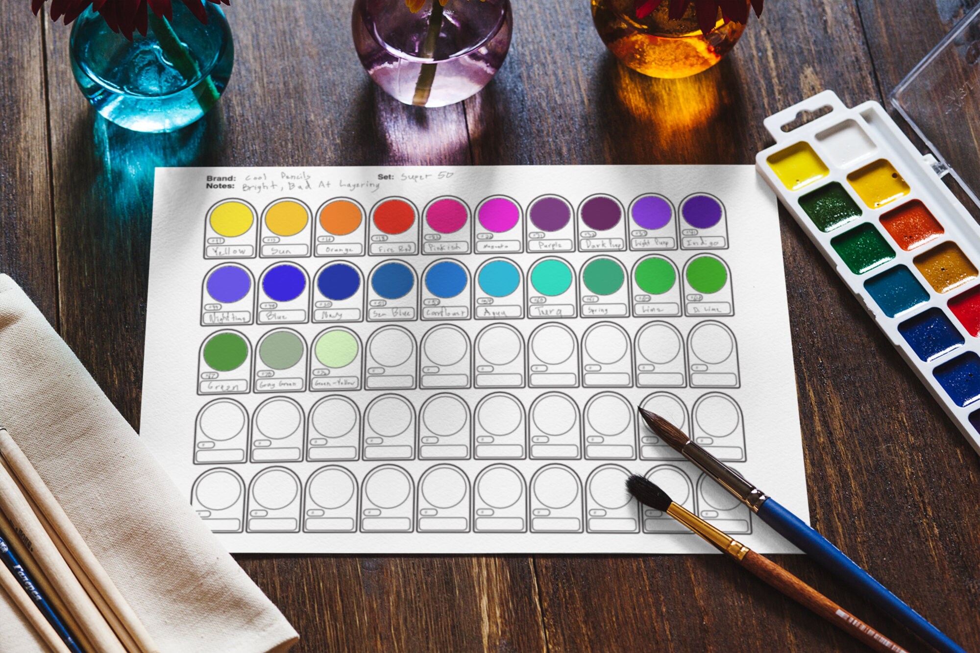 50 Color Printable Swatch Chart Generic DIY Artist Reference Resource ...
