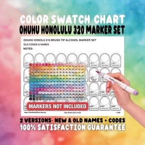 Könnte beinhalten: Eine Farbmustertabelle für das Ohuhu Honolulu 320 Marker-Set mit einem Raster aus kreisförmigen Feldern für Farbmuster. Die Tabelle enthält Beschriftungen für alte Codes und Namen, einen Marker und ein rotes Banner mit dem Hinweis.
