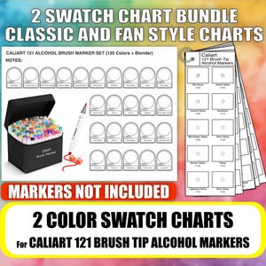 CALIART 121 Color Chart Bundle For Alcohol Brush Markers Set Fan Style & Classic Swatch Charts- Prefilled Template Printable PDF Sheets