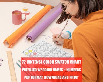 Derwent Inktense 72 Colored Pencils Color Chart- Prefilled Swatch Template- Printable Artist Resource- PDF- 2 Pages- Cheap Artist Gift