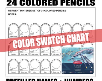 Derwent Inktense 24 Colored Pencils Color Chart- Prefilled Swatch Template- Printable Artist Resource- PDF- Color Guide- Cheap Artist Gift