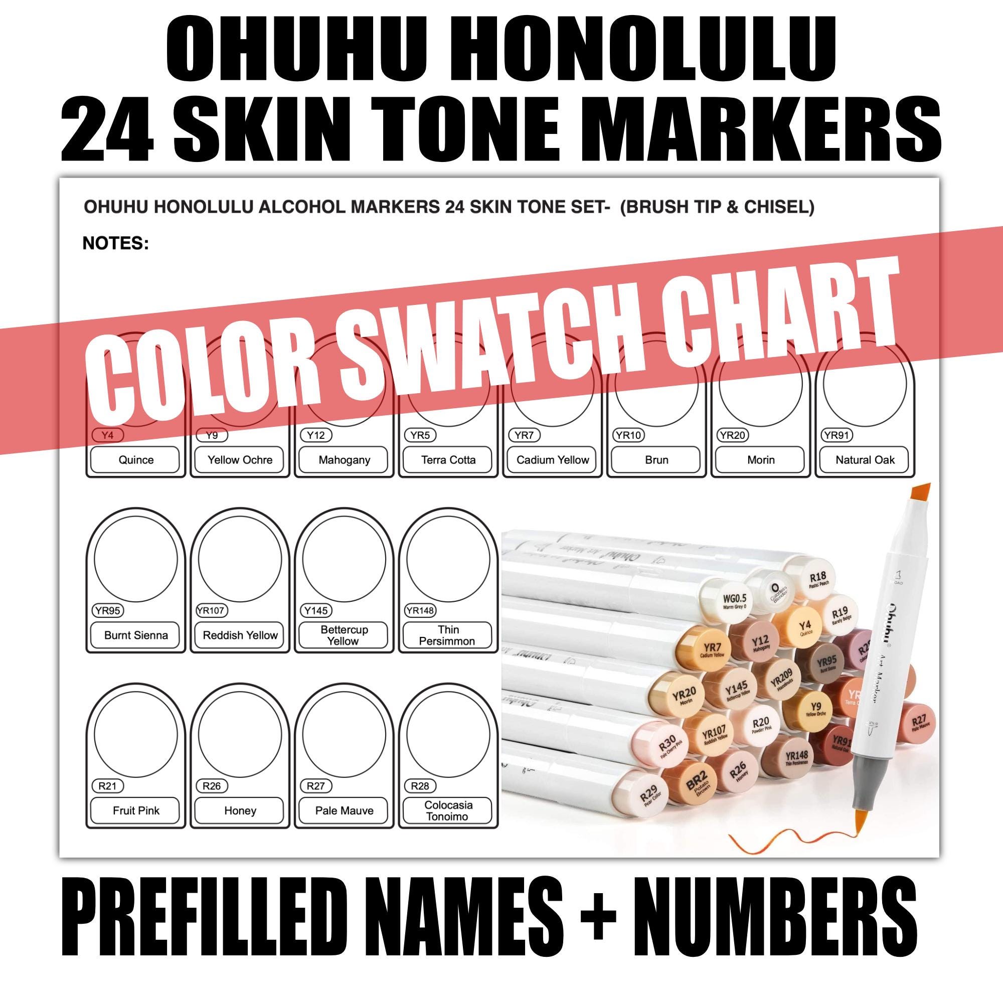 OHUHU HONOLULU Skin Tone 24 Color Alcohol Marker Swatch