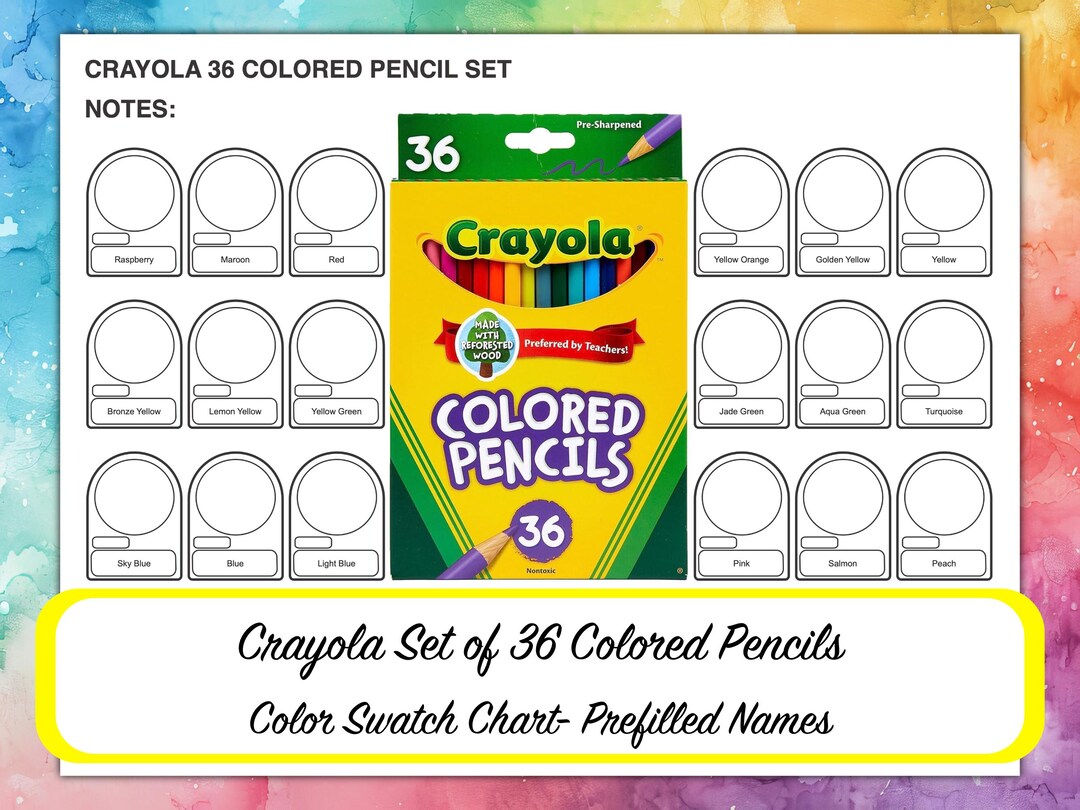 Crayola 36 Colored Pencil Color Swatch Chart Prefilled Template ...