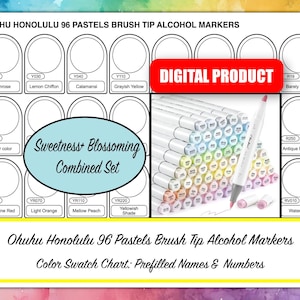 Tabla de muestras de 96 marcadores de alcohol de colores pastel OHUHU HONOLULU "Dulzura y Florecimiento", juegos combinados - Punta de pincel - Hojas PDF precargadas