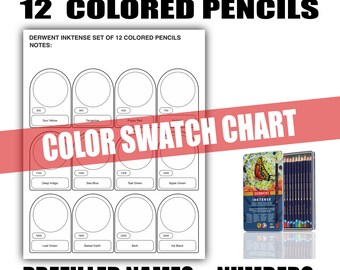 Derwent Inktense 12 Colored Pencils Color Chart- Prefilled Swatch Template- Printable Artist Resource- PDF- Color Guide- Cheap Artist Gift