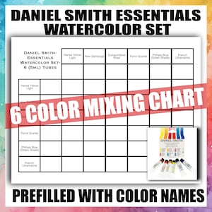Puede incluir: Una tabla de mezcla de colores para el juego de acuarelas Daniel Smith Essentials. La tabla está precargada con nombres de colores e incluye seis colores: Amarillo Hansa claro, Nuevo Gamboge, Rosa Quinacridone, Escarlata Pyrrol, Azul Phthalo (tono verde) y Ultramar francés.