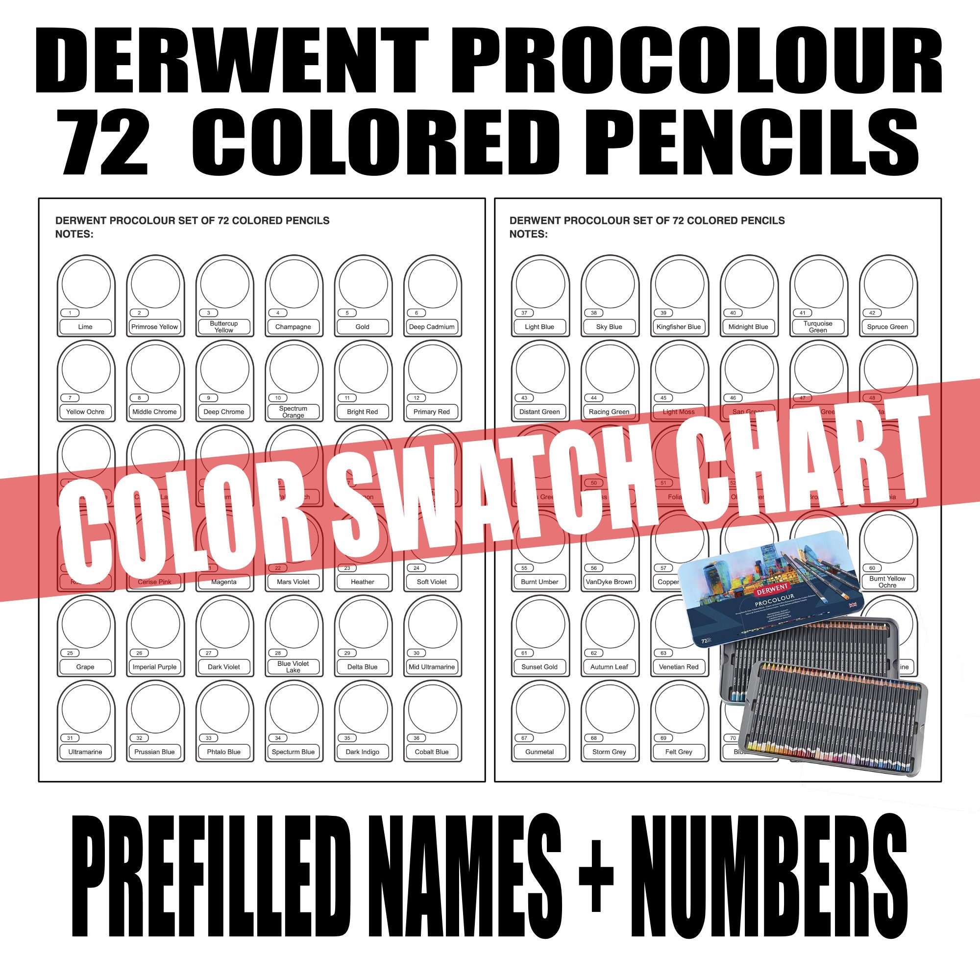 DERWENT PROCOLOUR 72 Colored Pencils Color Chart- Prefilled Swatch