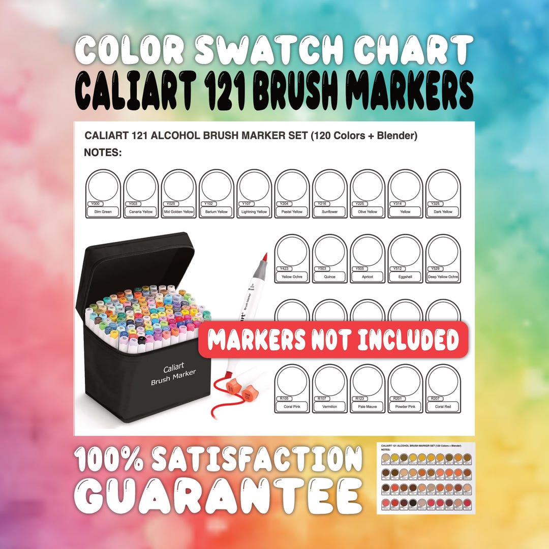CALIART 121 Color Alcohol Brush Marker Set Swatch Chart Prefilled