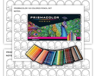 Könnte beinhalten: Ein Prismacolor Premier 150 Buntstift-Set mit einer Pfauen-Illustration auf der Schachtel, das eine fächerförmige Anordnung von Stiften in verschiedenen Farben zeigt, platziert über einem weißen Papierbogen mit Kreisen und Beschriftungen.
