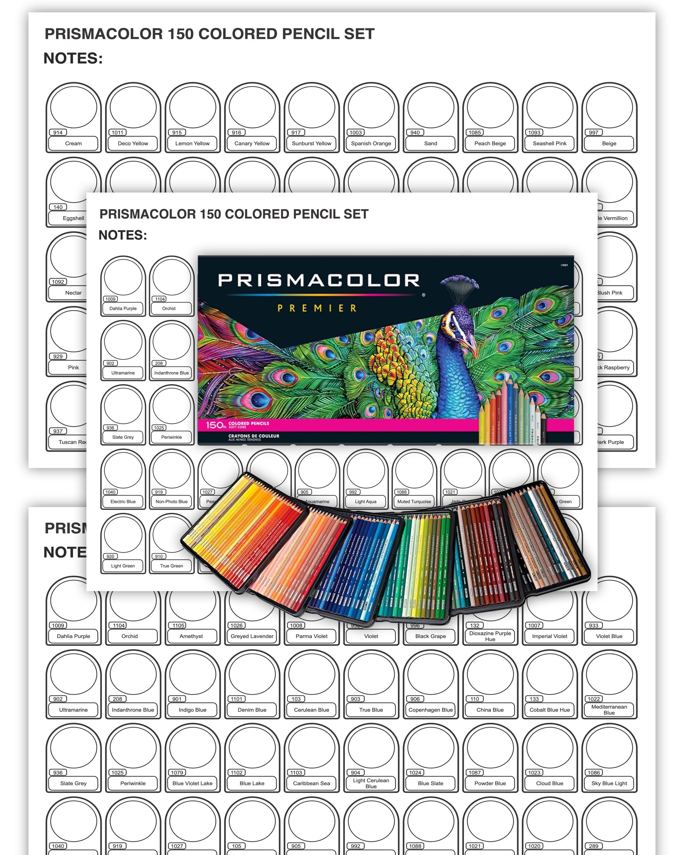 PRISMACOLOR 150 Colored Pencils Color Chart-2 Versions- Prefilled