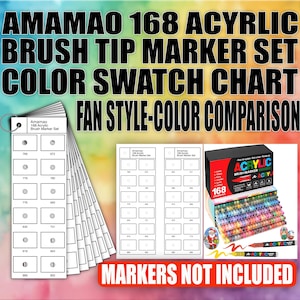 AMAMOA 168 アクリルペイントマーカーセット ファンスタイル カラースウォッチチャート - PDFシート - アーティストリファレンス - カラー比較 - プリント＆カットテンプレート