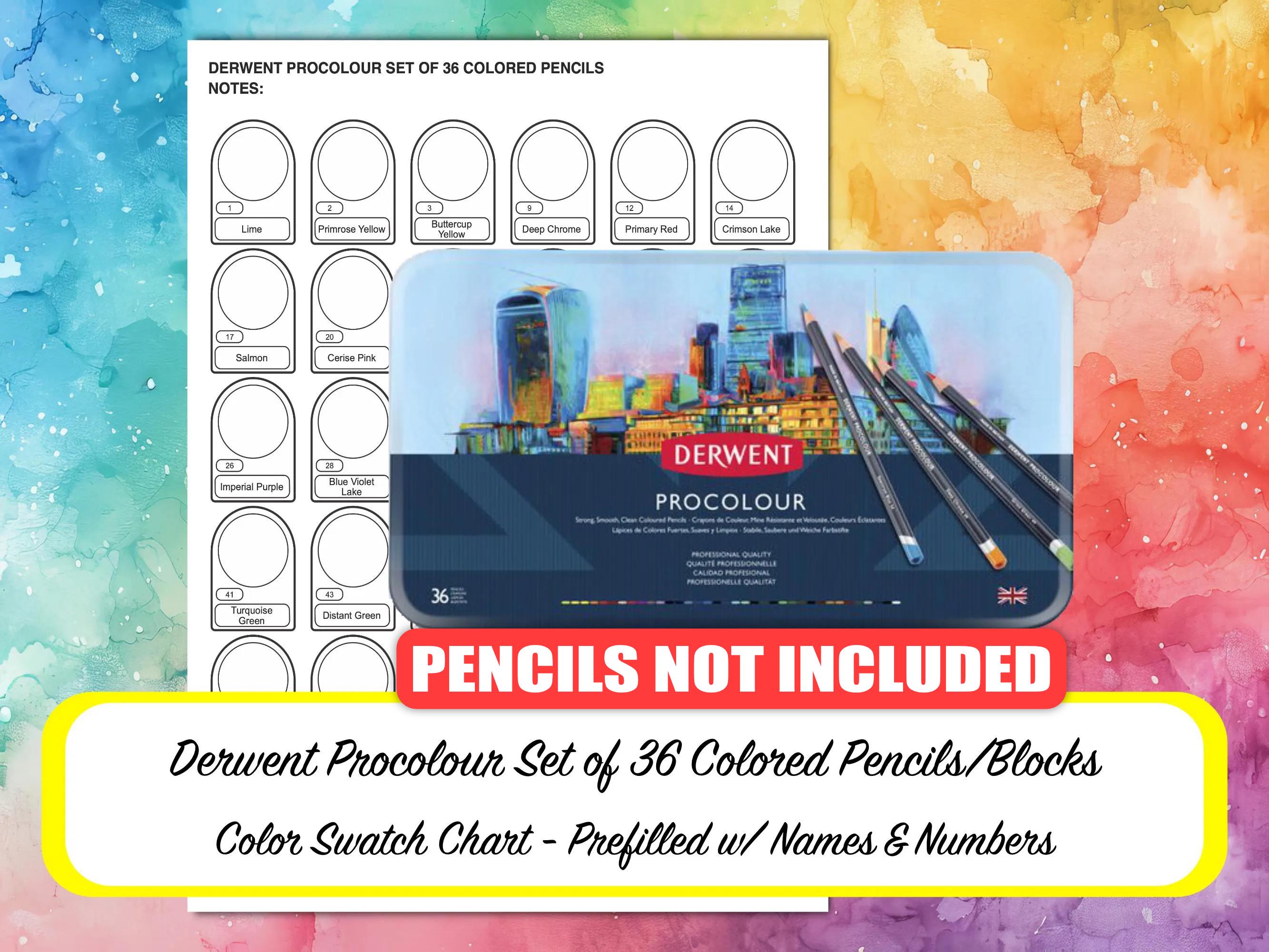 DERWENT PROCOLOUR 36 Colored Pencils Color Chart- Prefilled Swatch