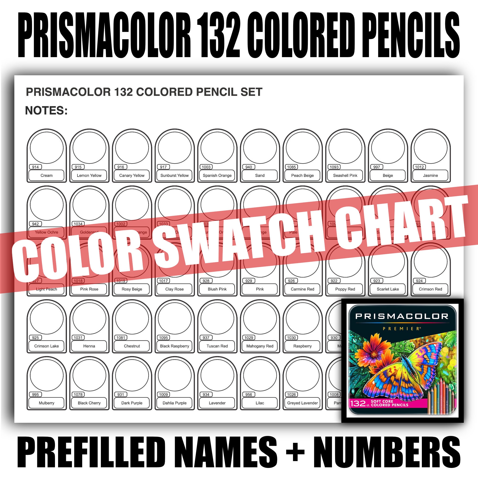 Prismacolor 132 Colored Pencils Color Chart 2 Versions-prefilled Swatch ...