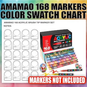 AMAMOA 168 マーカー - カラースウォッチチャート - PDFシート - アーティストリファレンス - 色の比較 - プリント＆カットテンプレート - アクリルブラシチップ
