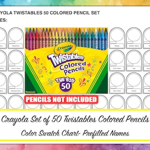 Może przedstawiać: Drukowana karta wzorów kolorów dla kolorowych ołówków Crayola Twistables. Karta zawiera 50 kółek z wstępnie wypełnionymi nazwami dla każdego koloru. Karta została zaprojektowana do użycia z zestawem 50 kolorowych ołówków Crayola Twistables, które nie są dołączone.