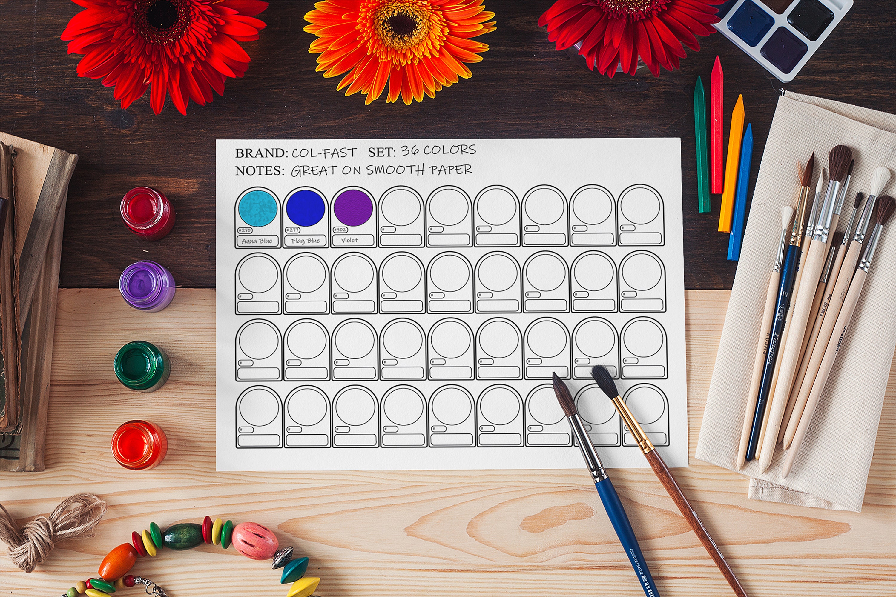 36 Color Printable Swatch Chart Generic DIY Artist Reference Colored