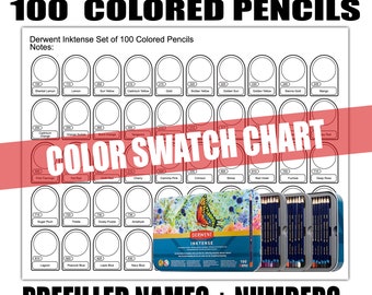 Derwent Inktense 100 Colored Pencils Color Swatch Chart- Prefilled- Landscape Orientation- Printable Artist Resource- PDF- 2 Pages