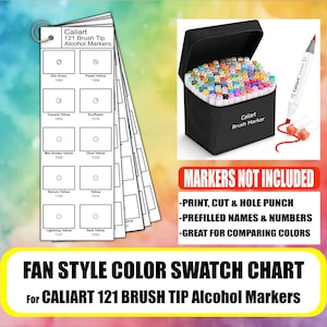 CALIART 121 Alcohol Brush Marker Set- Fan Style Color Chart- Prefilled Swatch Template- Printable PDF Sheets- Artist Reference
