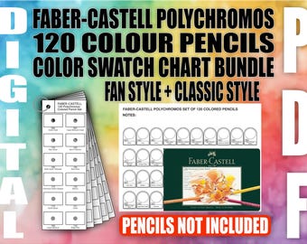 May include: Digital PDF bundle for Faber-Castell Polychromos 120 color pencils. Includes color swatch charts in fan and classic styles. The image shows a color chart and a pencil set box. Pencils not included.