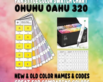 Könnte beinhalten: Eine Farbmusterkarte für Ohuhu Oahu 320 Alkoholmarker. Das Bild zeigt eine Fächer-Farbtabelle, eine Box mit Markern und einen Marker-Stift. Der Text auf dem Bild lautet "FAN STYLE COLOR SWATCH CHART OHUHU OAHU 320" und "NEW & OLD COLOR NAMES & CODES GREAT FOR COMPARING COLORS."