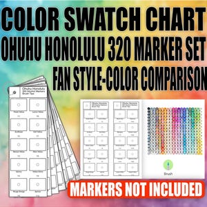 Nuancier OHUHU HONOLULU 320 en éventail - Ensemble de marqueurs à alcool - Pointe pinceau - Modèle d'échantillon prérempli - Feuilles PDF imprimables