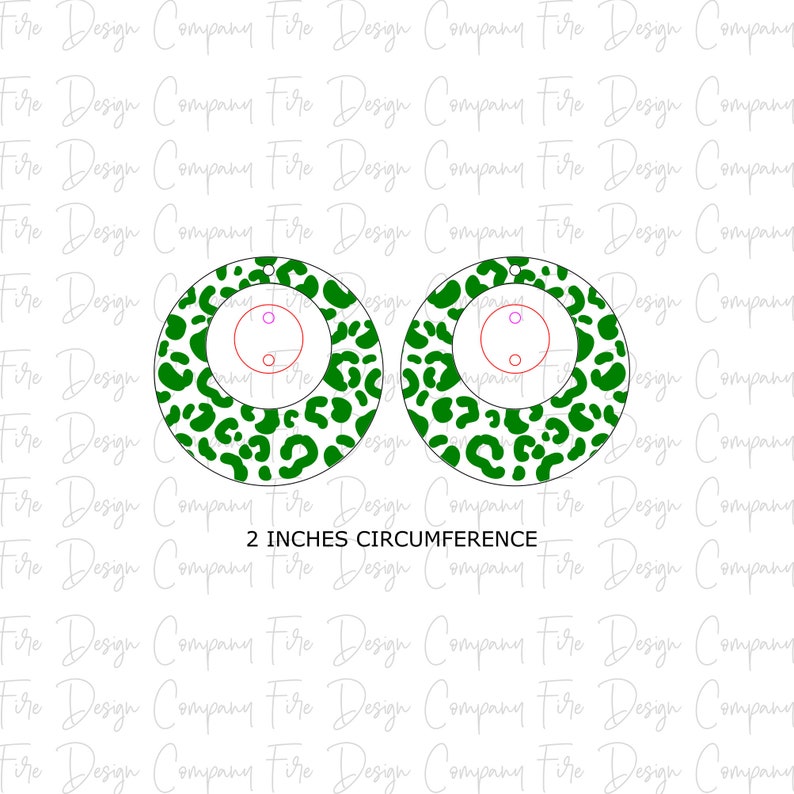 May include: Two green and white leopard print earrings with a 2 inch circumference. The earrings are round and have a hole in the center for hanging.