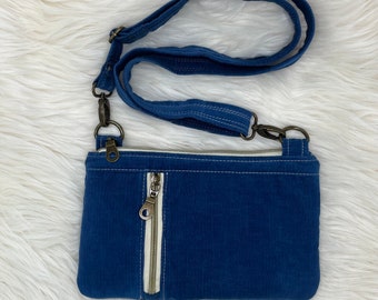 Zippy Crossbody Bag, Blue Corduroy small crossbody purse, phone purse