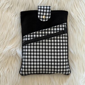 Handmade Padded Book Sleeve with Zipper Pocket, Slip Pocket, and Snap Closure Black Cord/B&W check