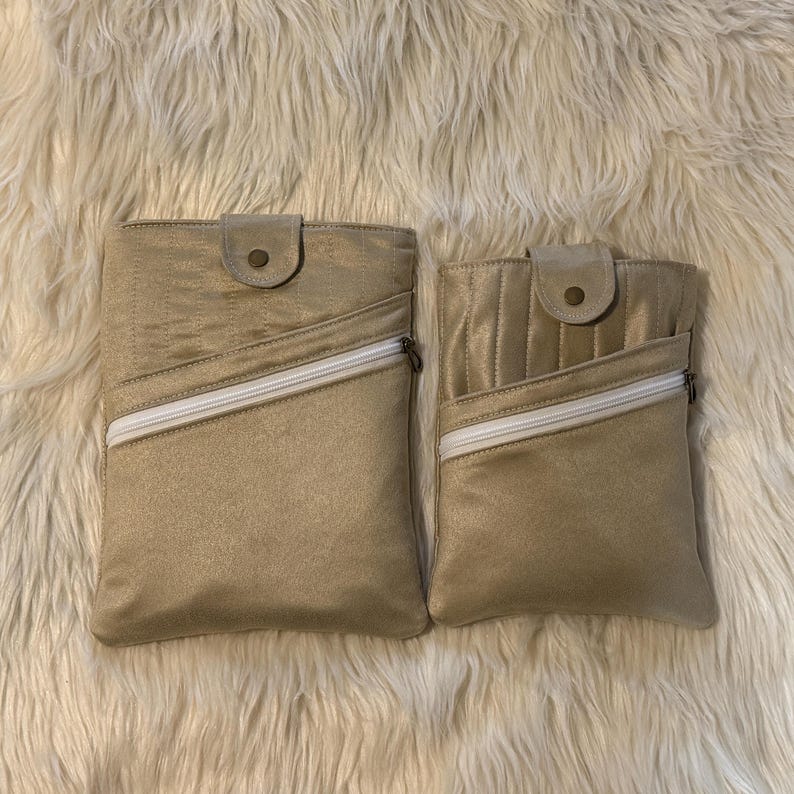 Handmade Padded Book Sleeve with Zipper Pocket, Slip Pocket, and Snap Closure Tan faux suede set/2