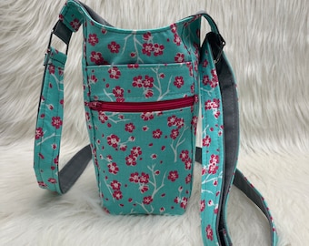 Water Bottle Carrier, CHERRY BLOSSOMS on teal H2O2GO, Water Bottle Sling, H2O Water Bottle Bag