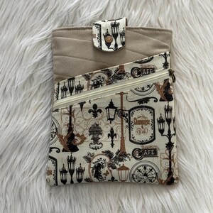 Handmade Padded Book Sleeve with Zipper Pocket, Slip Pocket, and Snap Closure Tan suede/Paris cafe