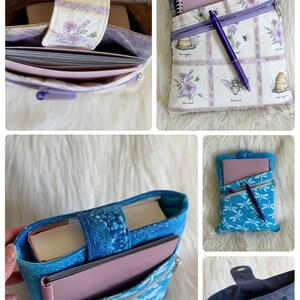 May include: Four different fabric book sleeves with zippers. The sleeves are in various colors and patterns, including blue, purple, and white. Each sleeve has a zippered pocket and is designed to hold a book or journal.