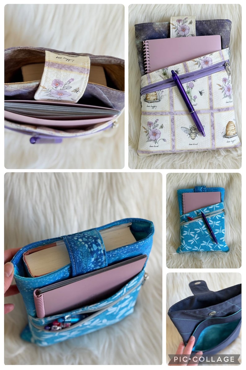 May include: Four different fabric book sleeves with zippers. The sleeves are in various colors and patterns, including blue, purple, and white. Each sleeve has a zippered pocket and is designed to hold a book or journal.