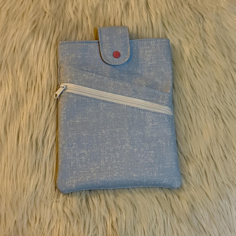 Handmade Padded Book Sleeve with Zipper Pocket, Slip Pocket, and Snap Closure Light blue canvas
