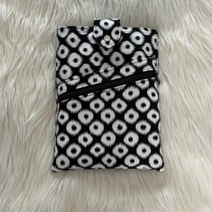 Handmade Padded Book Sleeve with Zipper Pocket, Slip Pocket, and Snap Closure Black/White dot