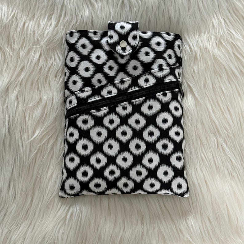Handmade Padded Book Sleeve with Zipper Pocket, Slip Pocket, and Snap Closure Black/White dot