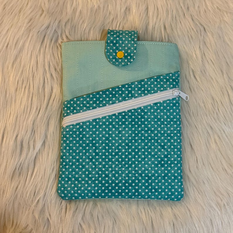 Handmade Padded Book Sleeve with Zipper Pocket, Slip Pocket, and Snap Closure Mint canvas