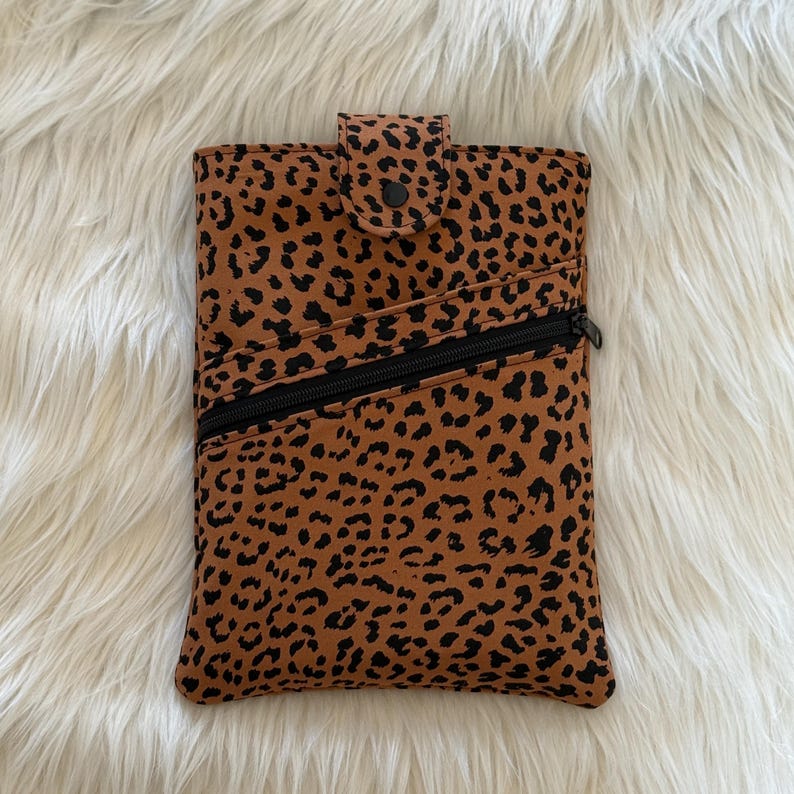 Handmade Padded Book Sleeve with Zipper Pocket, Slip Pocket, and Snap Closure Cheetah