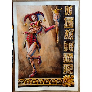 Jester pintura original en acrílico sobre papel de acuarela. carta del comodín o joker en tamaño A3. La tragicomedia del bufón.