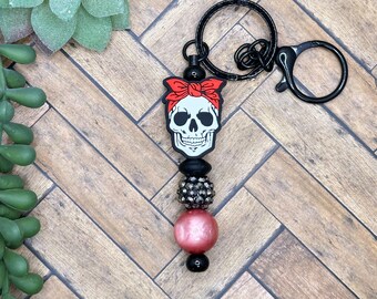 Skull Bandana Beaded Bar Keychain