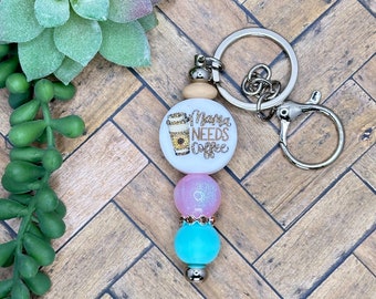Mama Needs Coffee Beaded Bar Keychain