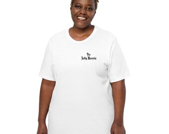 Black on White: Back Print T-Shirt, Unisex (The Jolly Heretic Public House)