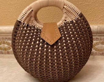 Unique Round Brown Rattan Straw Handbag