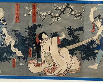Antique Original Japanese Woodblock Triptych, Large, Matted and Framed - RARE FIND!!