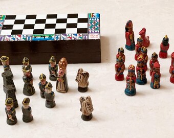 Vintage Mini Travel Chess Set with Wood Playing Storage Case - Rare Find! - Collectible!