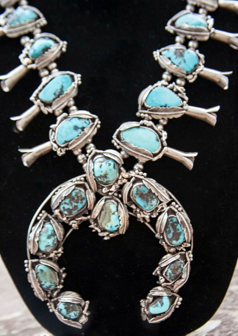 MASSIVE Navajo Squash Blossom Necklace Morenci Turquoise Sterling